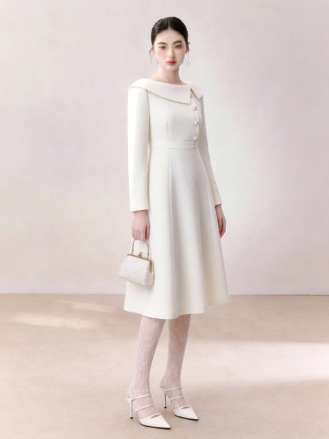 French Elegant Style White Lapel Dress for Women 2026 Summer Long-Sleeved Waist-Cinching A-Line Dress for Date and Party Wear