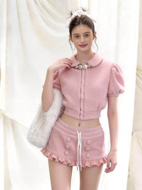 Chanel-Style Elegant Pink Outfit with Doll Collar and Puff Sleeves, French-Style 2026 Super Trendy Outfit Set