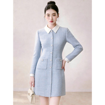 Elegant Blue Dress with Lapel Collar for Women, 2026 Summer Long-Sleeve Waist-Cinching Dress, High-End Style for Date Nights and Parties