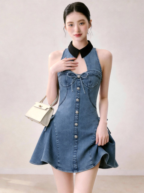High-End Designer Denim Dress for Women 2026 Summer Sleeveless Waist-Cinching Bow Blue Elegant Outfit Dress