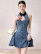 High-End Designer Denim Dress for Women 2026 Summer Sleeveless Waist-Cinching Bow Blue Elegant Outfit Dress