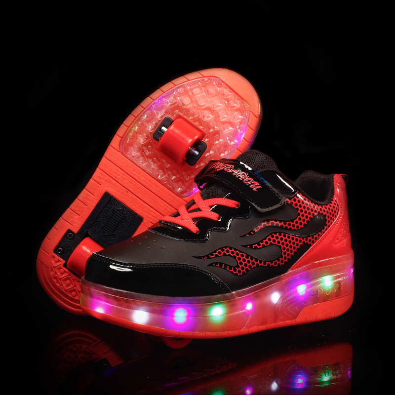 Storm Walking Shoes Girls Double Wheels Pulley Shoes Children LED Shiny Light student boy Double wheel Burst Walking Shoes roller Shoe shoes