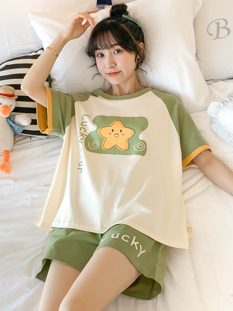 Bộ đồ ngủ ở nhà ngắn tay phụ nữ cotton mỏng mảnh Học sinh hàn quốc mùa hè dễ thương ngôi sao giản dị phù hợp với dịch vụ nhà mùa hè - Cha mẹ và con