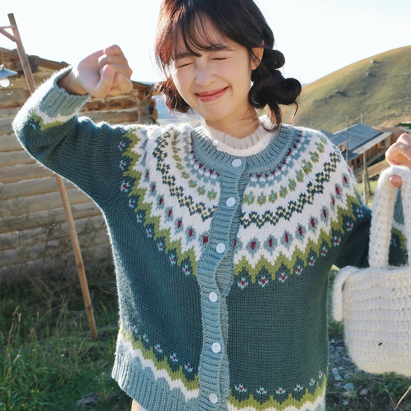 【Dalaran Forest】Wild Pea Fair Isle Jacquard Vintage Sweater Cardigan Color-Block Icelandic Style Knitted Jacket