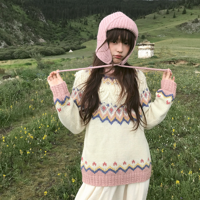 【Stellalou's Knitting Dream】Wild Pea LAOSHU Fair Isle Lazy Vintage Wool Pullover Sweater