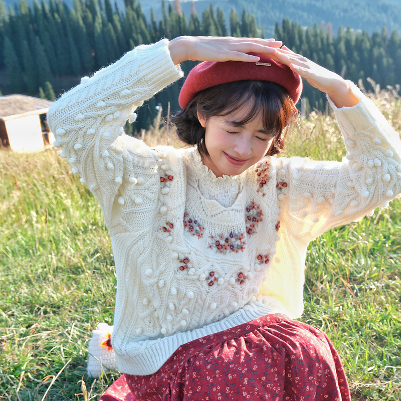 [Adele Stitch] Wild Pea Heavy Embroidery Floral Sweater Autumn Winter Soft Knitwear