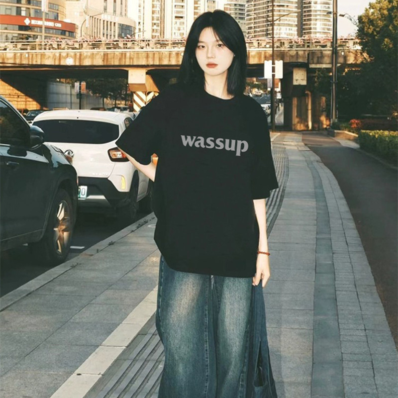 Wassup American Casual Trendy Brand Short-Sleeved T-Shirt Summer New Heavy Cotton Unisex Couple Wear Half-Sleeve Top