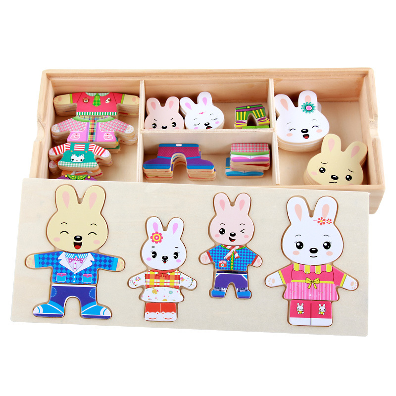 Wooden thickened bunny dress matching puzzle puzzle board Four bears A DIY dress change game 3-6 years old