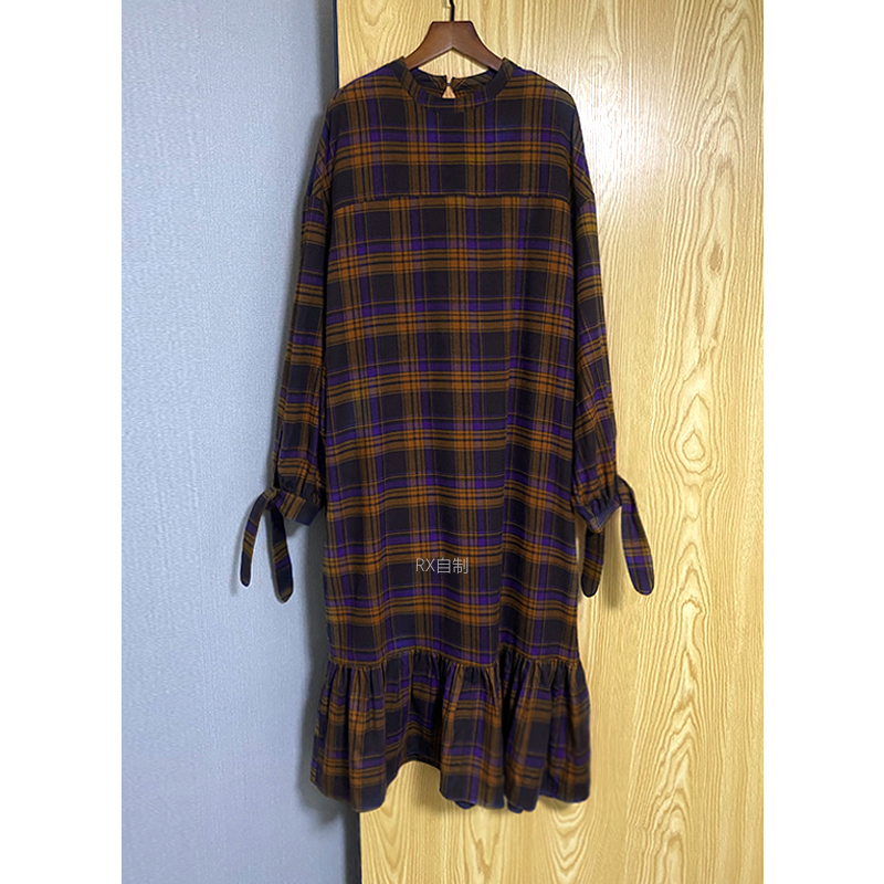 2026 Spring All-Cotton Velvet-Feel Fabric with Wide Cuffs and Tie, Purple-Orange Plaid Loose H-Line Smock Dress 2026 Spring All-Cotton Velvet-Feel Fabric with Wide Cuffs and Tie, Purple-Orange Plaid Loose H-Line Smock Dress