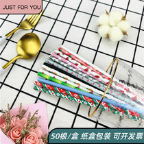 ins Net red cute printed paper straws Christmas color disposable environmentally friendly decorative straw box 50