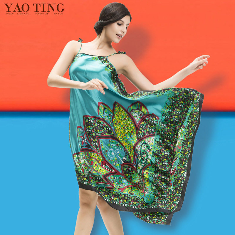 Sling nightdress female summer ethnic style sexy simulation silk nightdress retro print suspender skirt mother loose nightdress