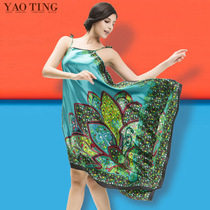 Harness Sleeping Skirt Woman Summer National Wind Sexy Emulation Silk Sleeping Skirt Retro printed hanging band Skirt Mom Loose Sleeping Dress