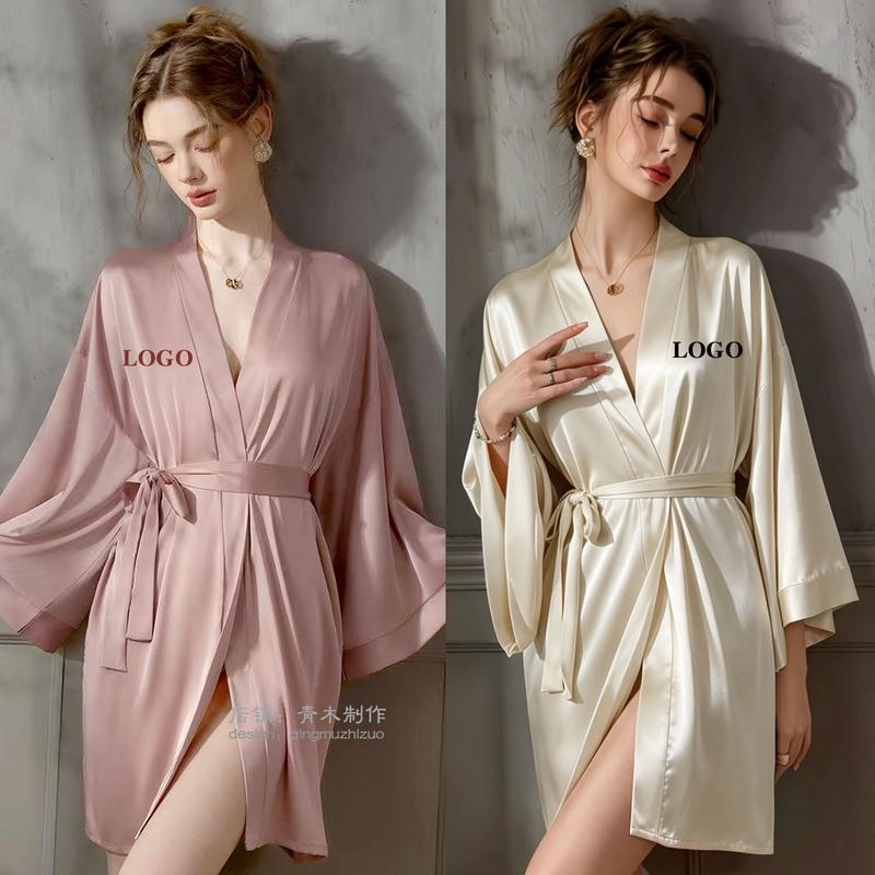 Summer Style Beauty Salon Spa Ice Silk Robe Wedding Dress Shop Bridal Dressing Gown Makeup Robe Champagne Color Gray Bathrobe