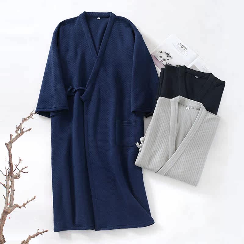 Japanese-style nightgown men's spring and autumn cotton thickened nightgown men's and women's kimono pajamas Japanese home service couple bathrobe bathrobe