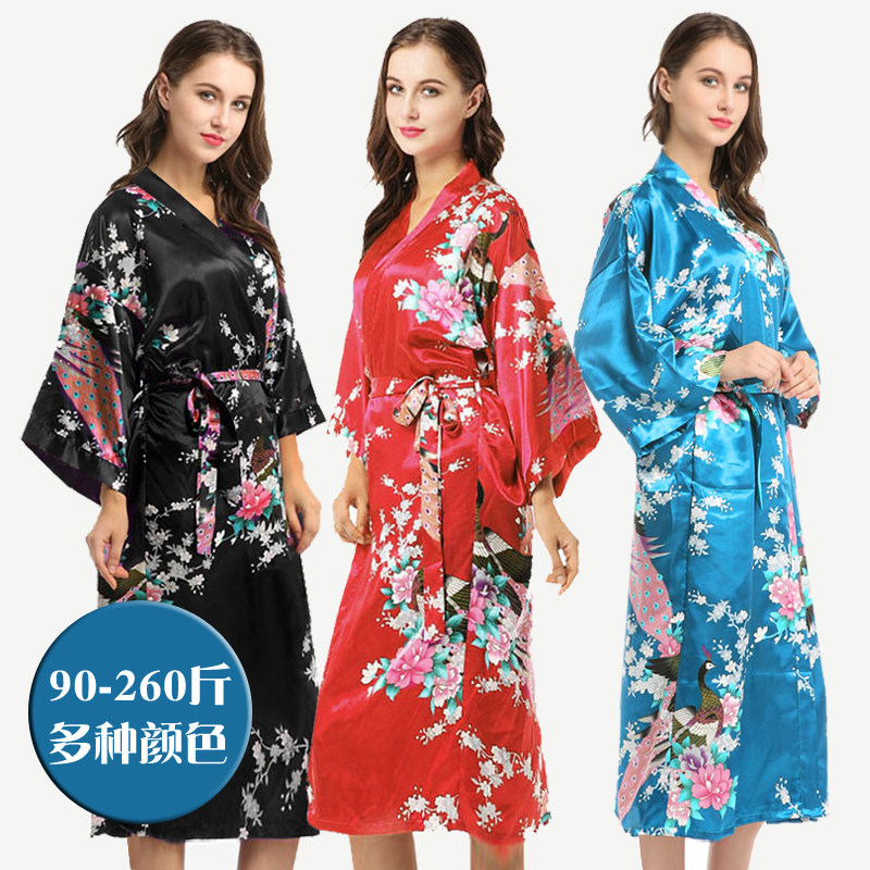 Chinese style pajamas women's spring and summer sexy simulation silk floral bathrobe bathrobe beauty salon 200 catties large size nightgown