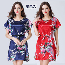 Ice Silk Sexy Sleeping Dress Woman Summer Printed Short Sleeve Loose Sleeping Dress Emulation Silk Home Mom Clothing Big Code Sleeping Dress
