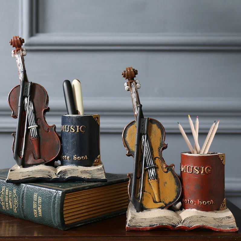 Desk pen holder delicate Nordic retro violin containing pen holder creative book desktop personality ornament swing piece