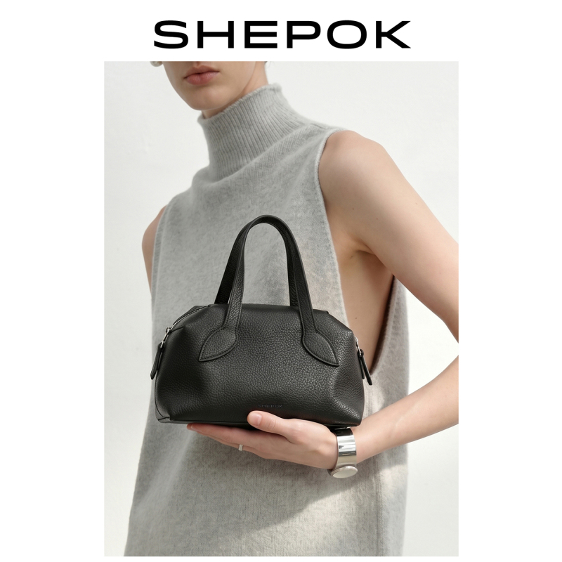Xiboque's New Rabbit Ear Series Tc First-Layer Cowhide Bowling Bag with Lychee Pattern, Hand-Held Boston Bag, Crossbody Bag