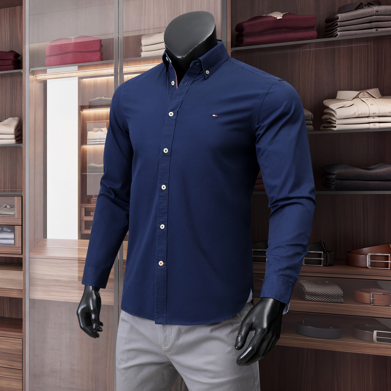 North American Genuine Tommy Pure Cotton Long-Sleeved Shirt, Autumn and Winter American Casual No-Iron Loose Solid Color Shirt