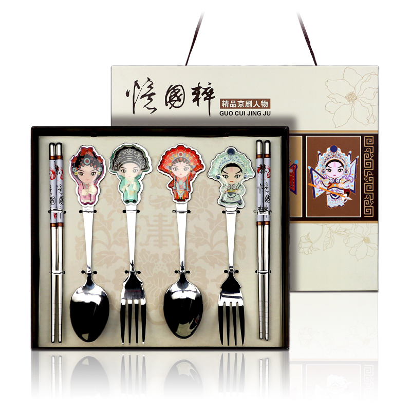 Chinese-Style Tableware Bowl, Fork, Spoon, and Chopsticks Set, Peking Opera Facial Makeup Tableware, Household Chinese-Style Ceramic Bowl Set