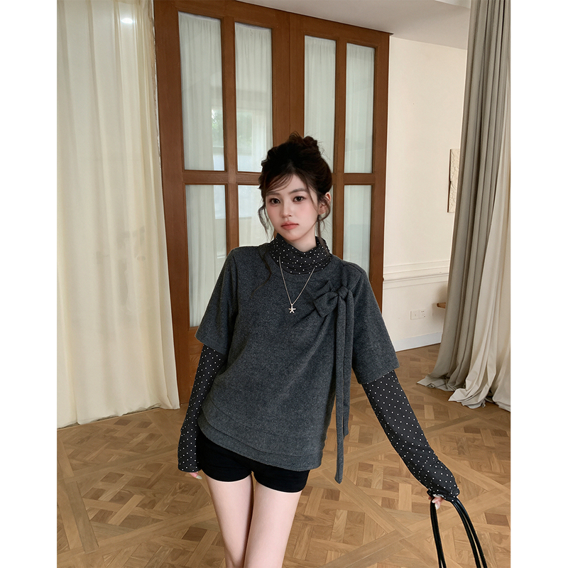 White Xiaoyu Korean Style Lazy Polka Dot High-Neck Fake Two-Piece Long-Sleeve Knit Sweater for Women, Spring and Autumn Brushed Layered Sweater Top