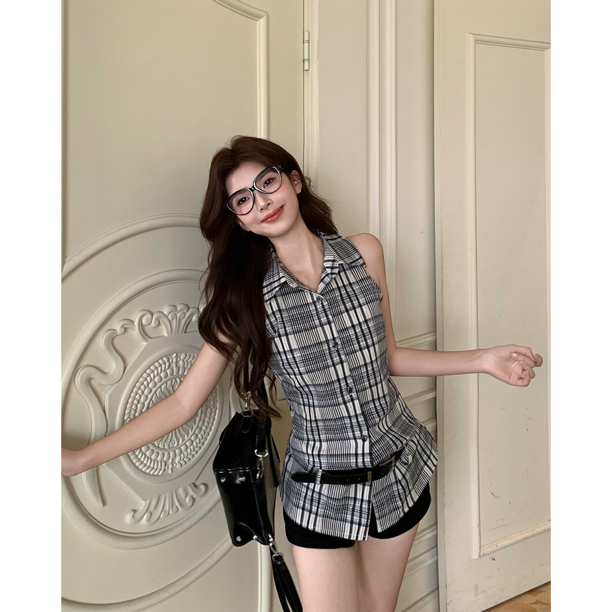 Bai Xiaoyu Original Retro Spicy Plaid Collar Halter Neck Shirt Women's Summer New Style Slim Fit Off-Shoulder Shirt