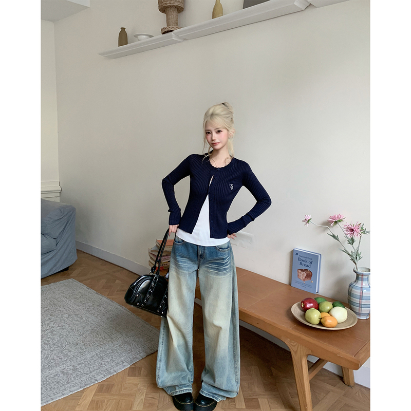 Bai Xiaoyu Original American-Style Spicy Girl Washed Vintage Jeans for Women, Low-Waisted, Loose, Slimming, Scimitar-Shaped Wide-Leg Pants