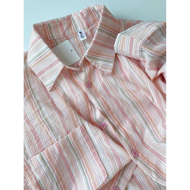 Forest-Style Sweet Pink Striped Shirt for Women, 2024 Spring and Autumn Style, Can Be Worn Inside or Outside, Loose, Casual, Slimming Shirt Forest-Style Sweet Pink Striped Shirt for Women, 2024 Spring and Autumn Style, Can Be Worn Inside or Outside, Loose, Casual, Slimming Shirt
