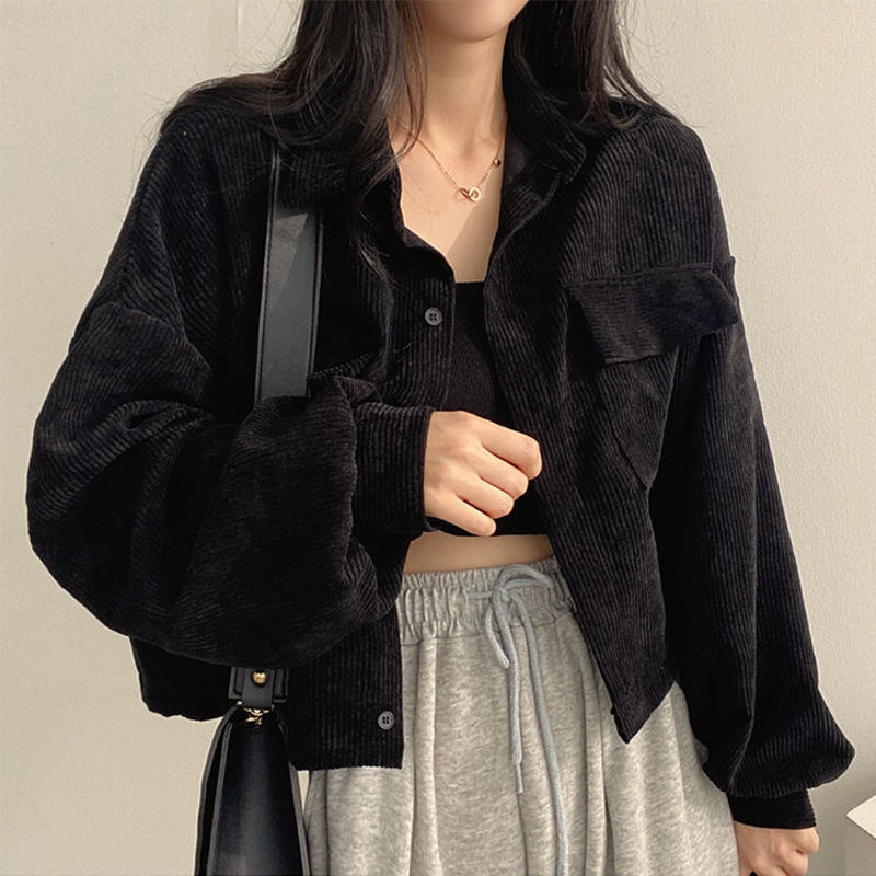 Black Short Corduroy Shirt for Women 2024 Spring and Autumn New Versatile Top Jacket Long-Sleeved Loose Shirt Trendy Black Short Corduroy Shirt for Women 2024 Spring and Autumn New Versatile Top Jacket Long-Sleeved Loose Shirt Trendy