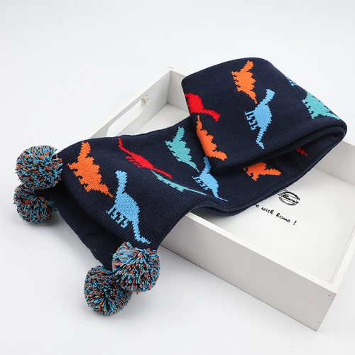 Детский шарф, зимний комплект, мультяшный динозавр для мальчиков с капюшоном, удерживающая тепло детская вязаная шапка