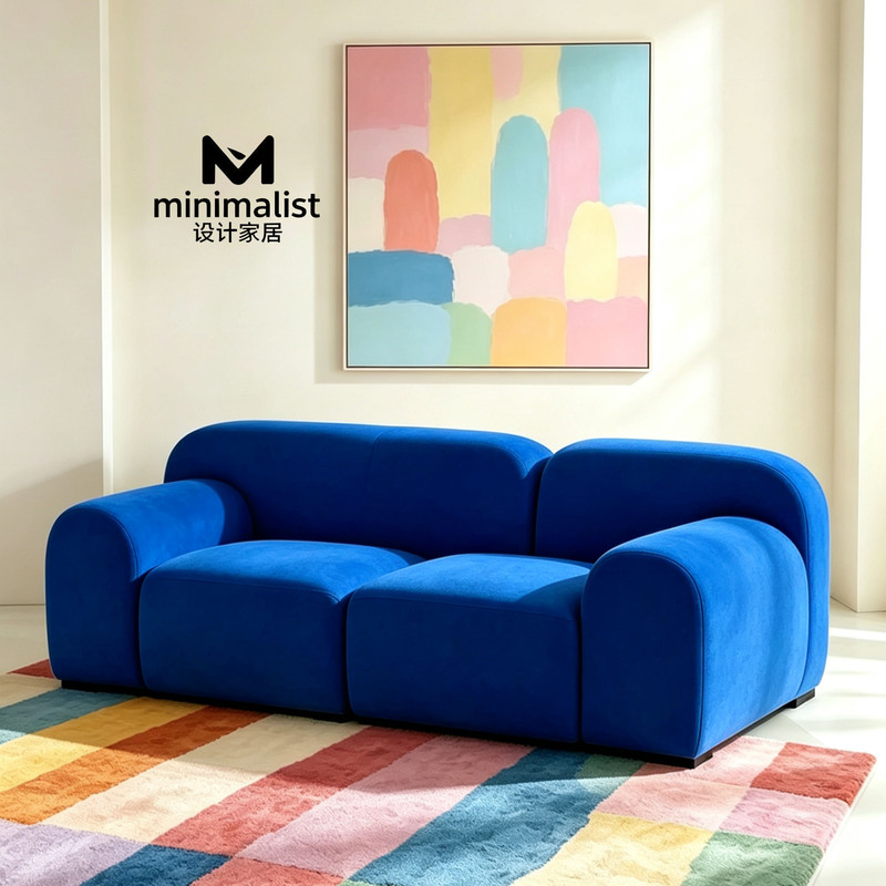 Italian Minimalist Square Straight-Row Sofa for Small Living Rooms, Blue Beauty Salon, Clothing Store, Hotel, Guesthouse Rest Area