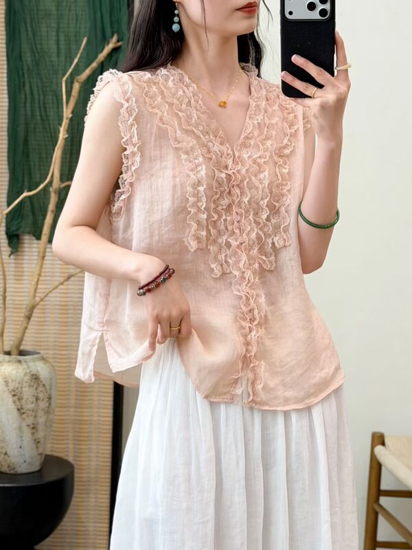 Heavy-Duty Ruffled V-Neck Lace Ramie Shirt for Women, 2026 Summer New Style, Age-Reducing, Loose, Lightweight, Sleeveless Top Heavy-Duty Ruffled V-Neck Lace Ramie Shirt for Women, 2026 Summer New Style, Age-Reducing, Loose, Lightweight, Sleeveless Top