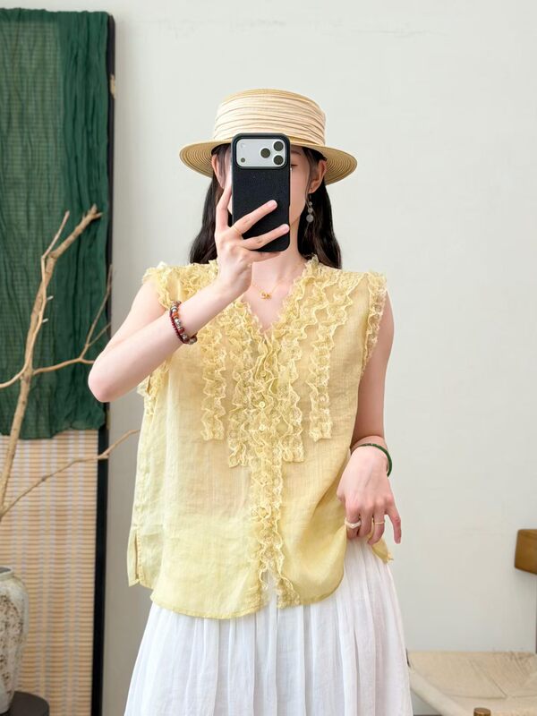 Heavy-Duty Ruffled V-Neck Lace Ramie Shirt for Women, 2026 Summer New Style, Age-Reducing, Loose, Lightweight, Sleeveless Top