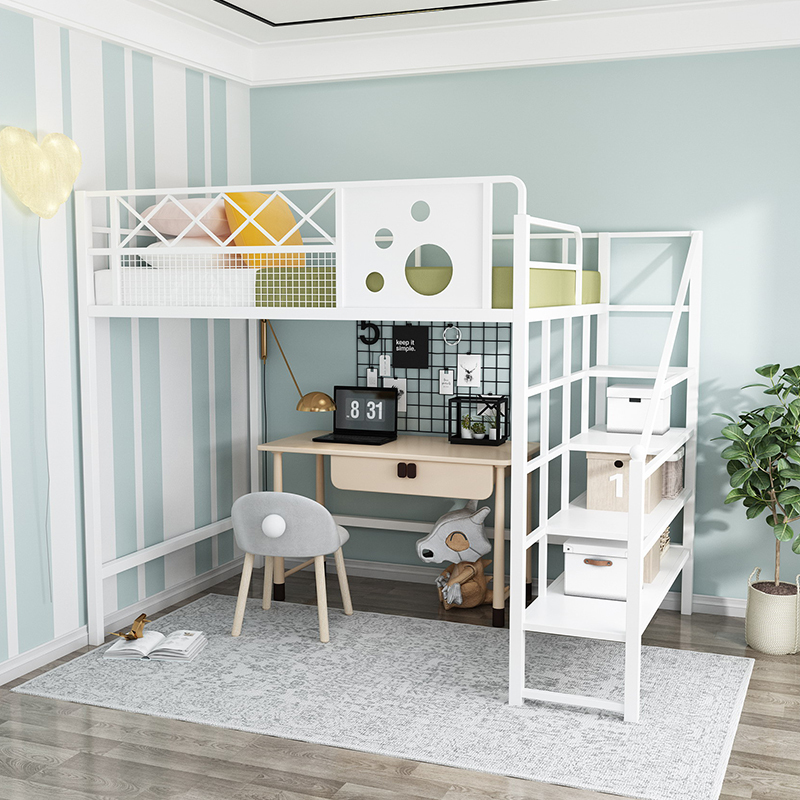 Upper Bed and Lower Table Student Bed Small Apartment Space-Saving Loft Bed Wrought Iron Elevated Bed Sheets Upper Floor Kidsren's Steel Frame Bed