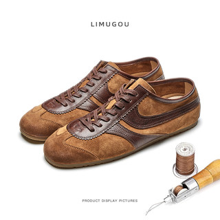 Retro Moral Training Shoes for Men and Women, Genuine Leather Color-Blocked Flat-Soled Casual Sports Shoes for Couples, Versatile Soft-Soled Square-Toe Sneakers, Trendy