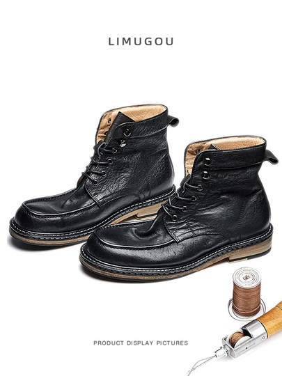 British Retro Martin Boots for Men, Genuine Leather, Handmade Distressed Motorcycle Boots, High-End Heavy-Duty Washed Horse Leather High-Top Work Boots
