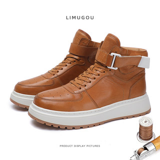 High-Top Shoes for Men, Genuine Leather, Goodyear Handmade, High-End Horse Leather, Trendy Casual Sneakers, British Retro Thick-Soled Martin Boots