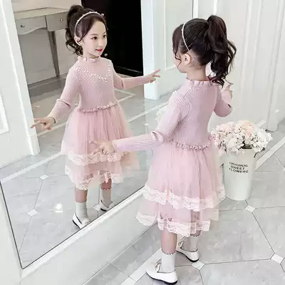 Girls sweater skirt plus velvet 2019 new autumn winter dress girl net gauze princess dress children's dress