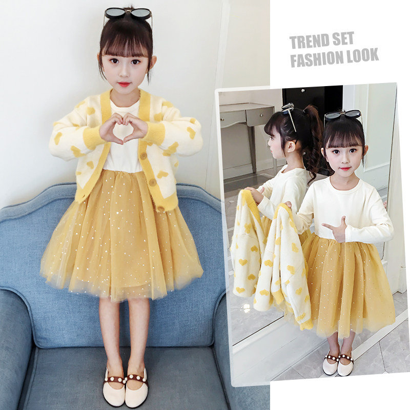 Girl's Autumn Dress Ocean Dress Suit 2019 New Little Girl Sweater Sweatshirt Korean version of the princess dress Two sets