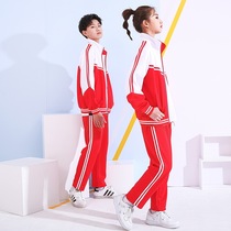 Young childrens spring school uniform red and white two bars suit sportswear boys and girls clothing