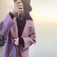 2018 lỏng lẻo phần dài và dài của sợi phong cách nước ngoài màu tím mô hình xương cá hai mặt áo khoác len cashmere nữ áo khoác dù nữ