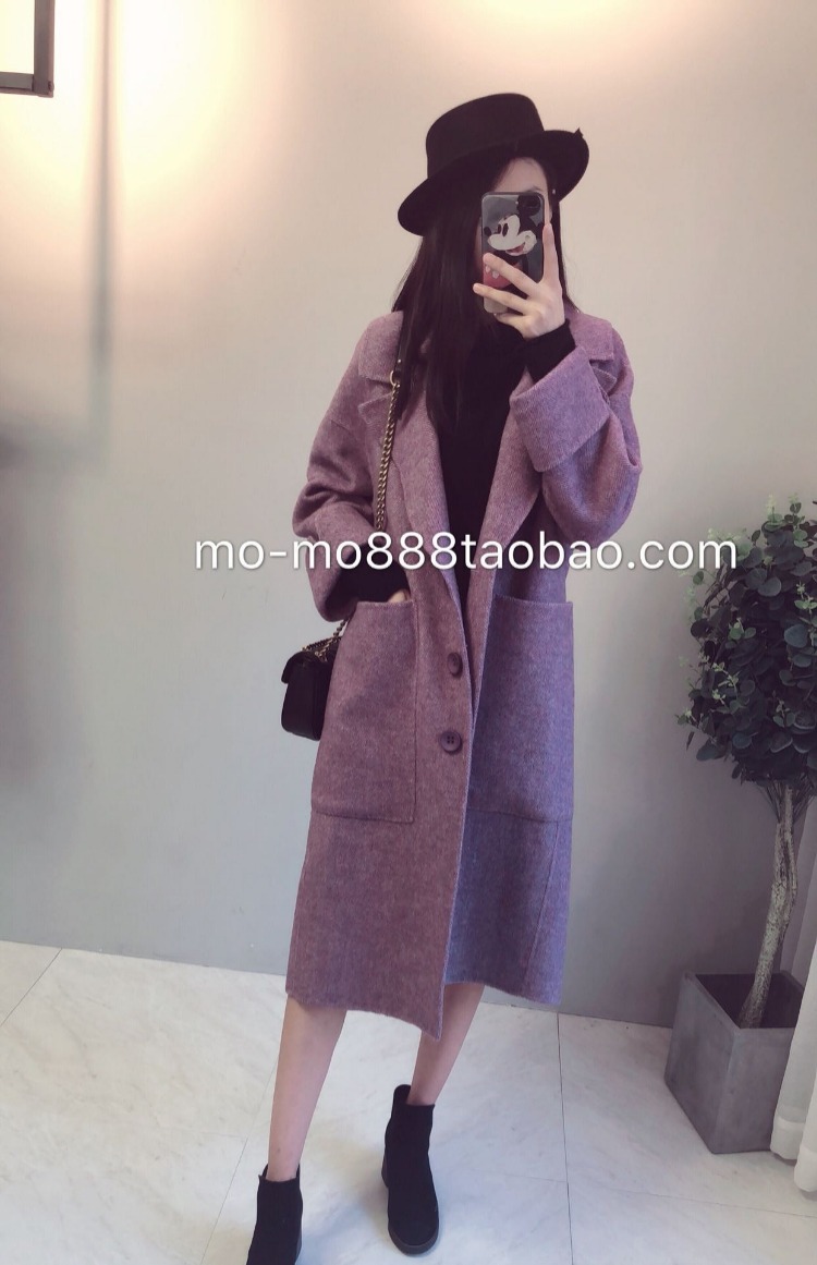 2018 lỏng lẻo phần dài và dài của sợi phong cách nước ngoài màu tím mô hình xương cá hai mặt áo khoác len cashmere nữ áo len cardigan