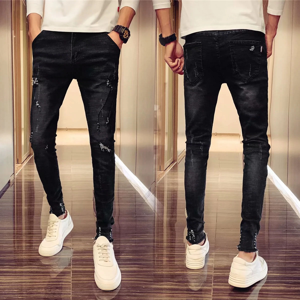 Quần jeans rách nam mùa hè mỏng phần chân dài quần dài hợp thời trang nam phiên bản Hàn Quốc của xu hướng quần ăn xin - Quần jean