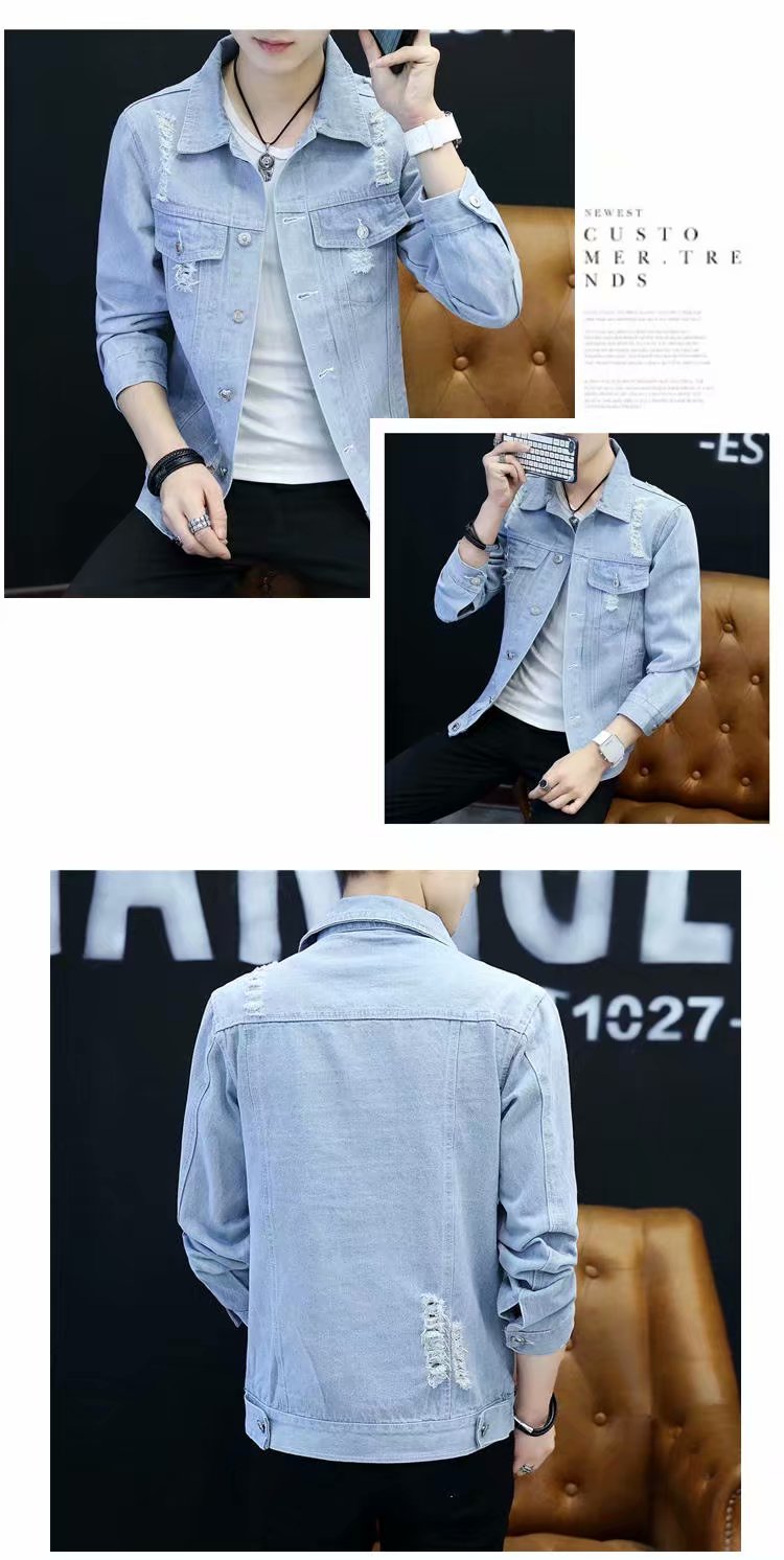 Mùa hè áo khoác denim mỏng nam phiên bản Hàn Quốc của sinh viên tự trồng denim áo khoác nam lỗ retro trên quần áo - Cao bồi shop quần áo nam