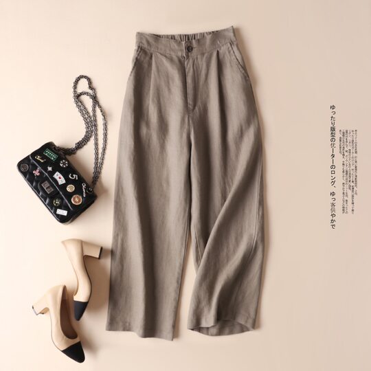 Spring and Summer Linen Casual Pants, Thin Cotton-Linen Wide-Leg Pants, Straight-Leg Pants, Drapey Loose Nine-Point Pants, Women's Pastoral Style