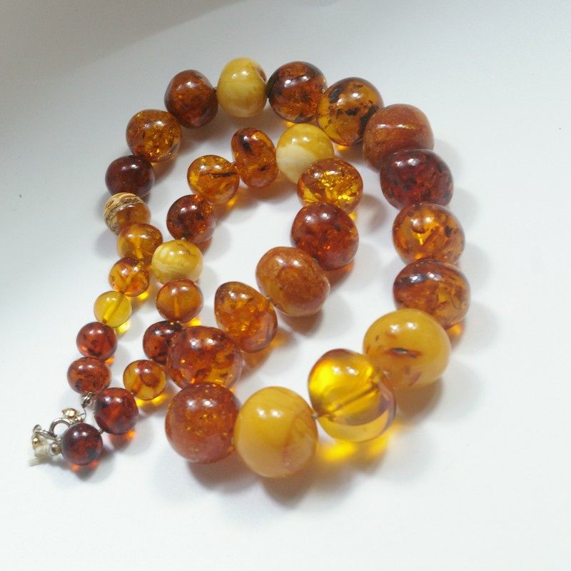 古蜜蜡 老蜜蜡琥珀项链113克VHB7圆珠鸡油黄棕红色男女款