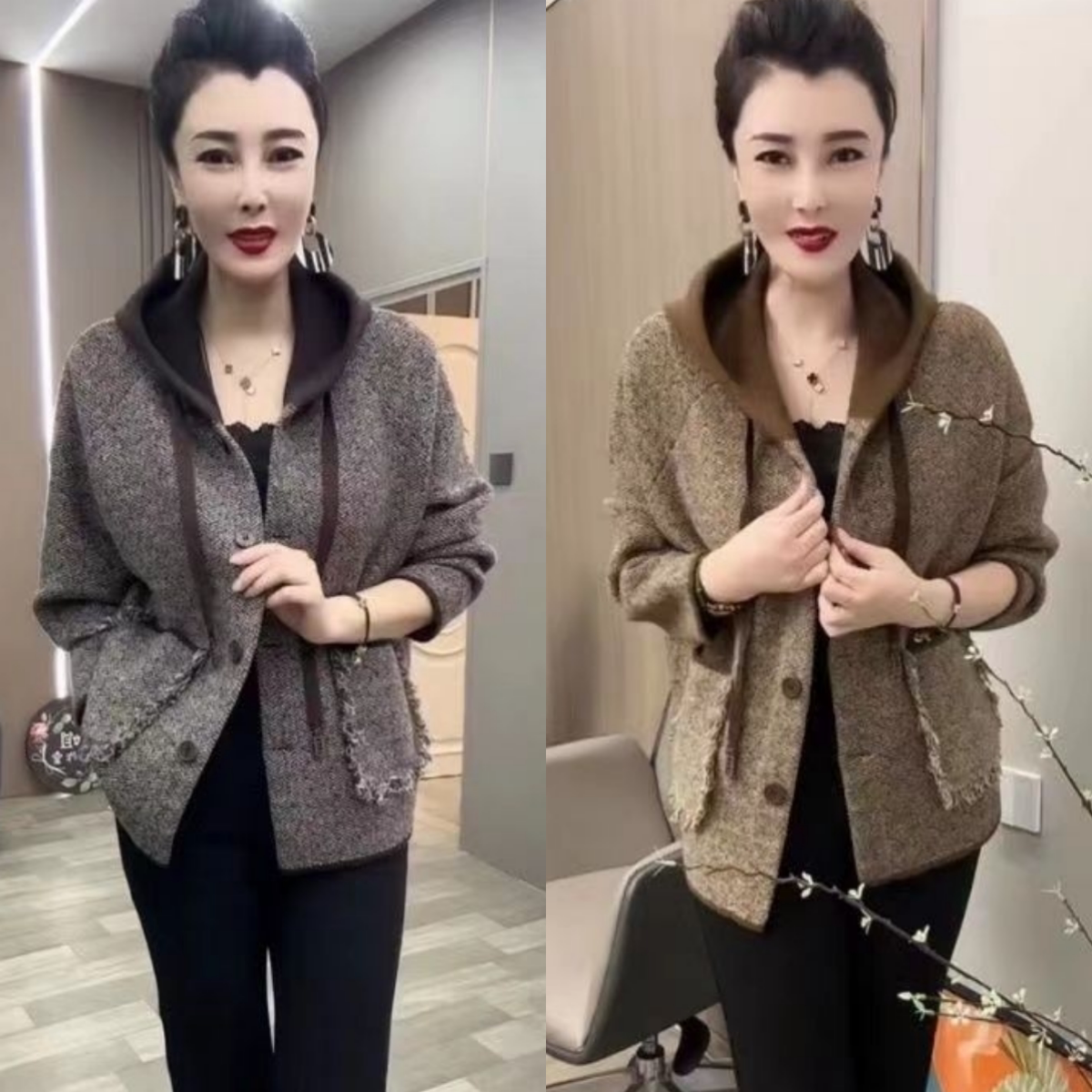 韩版时尚撞色连帽短外套妈妈春装2025新款百搭宽松遮肉休闲开衫女