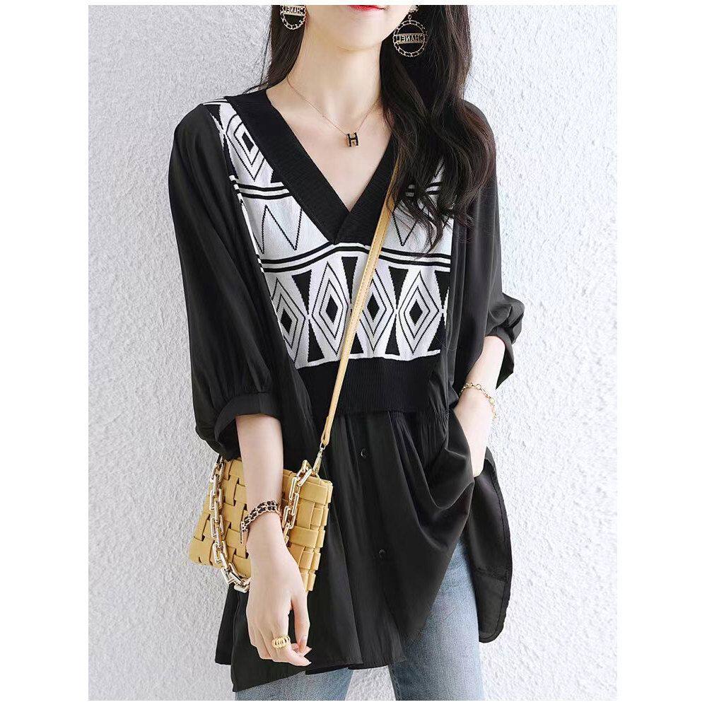 七分袖V领套头衬衫妈妈装夏款遮肚洋气减龄小衫气质时尚雪纺上衣