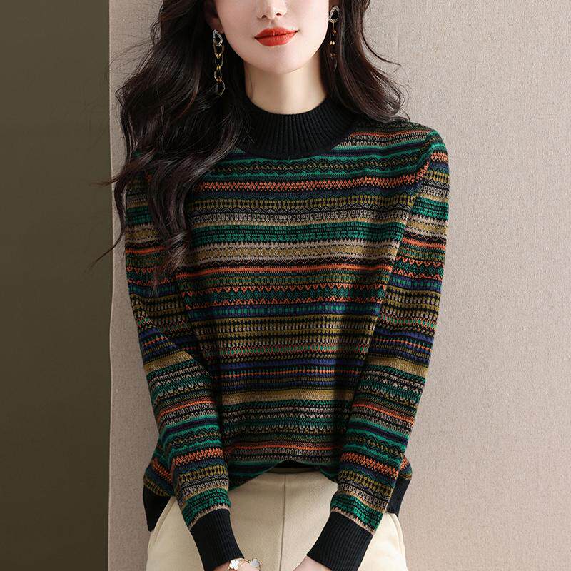 中年女装复古时尚条纹半高领针织衫2024秋冬新款毛衣洋气打底小衫