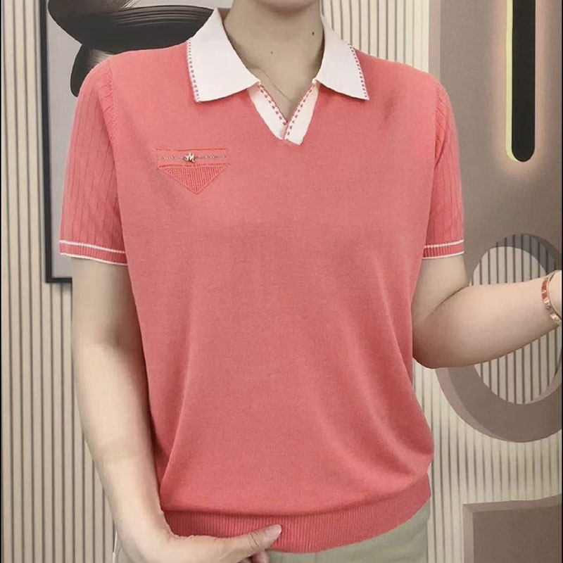 中年妈妈装翻领短袖针织衫T恤2025夏季新款时尚撞色薄款减龄上衣